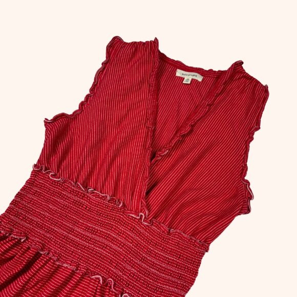 Max Studio Red Striped Frilly V Neck Tiered Mini Dress Smocked Waist - Picture 2 of 6